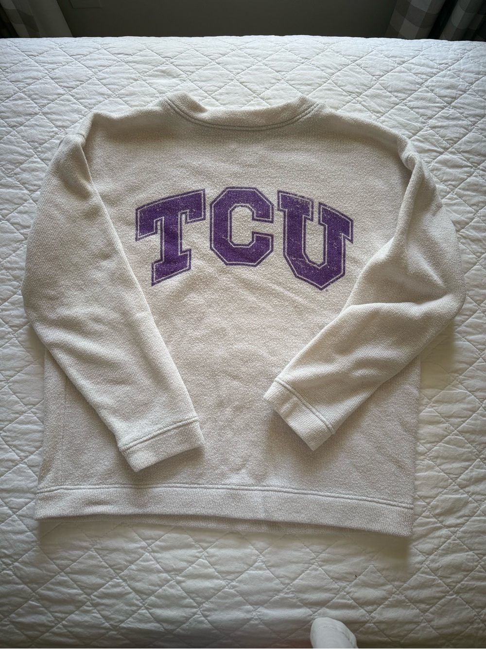 TCU White Crewneck Sweater with Purple Lettering